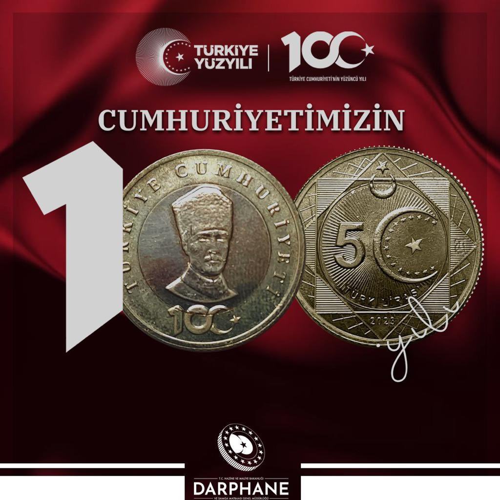 Cumhuriyetin 100. yılına özel 5 TL Madeni Tedavül Hatıra parası basıldı